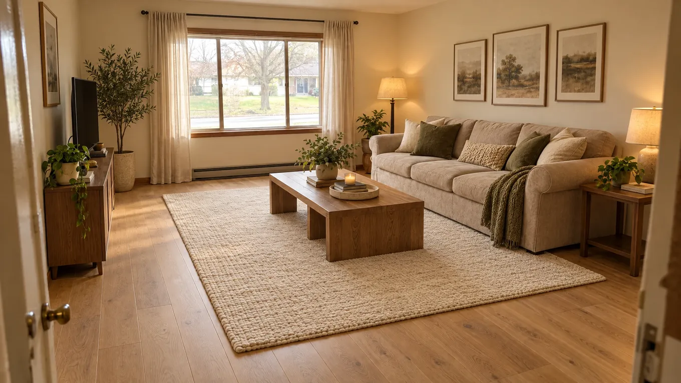 Hardwood Living Room After | Music City Floor The same living room after installation of light brown wood flooring, with a woven rug, a sofa and a coffee table