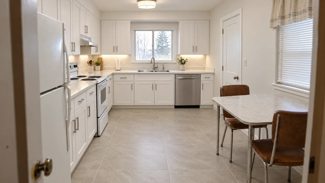 Gray Tile Kitchen After | Music City Floor The same kitchen after light gray tile flooring was installed, with white cabinets and under-cabinet lighting