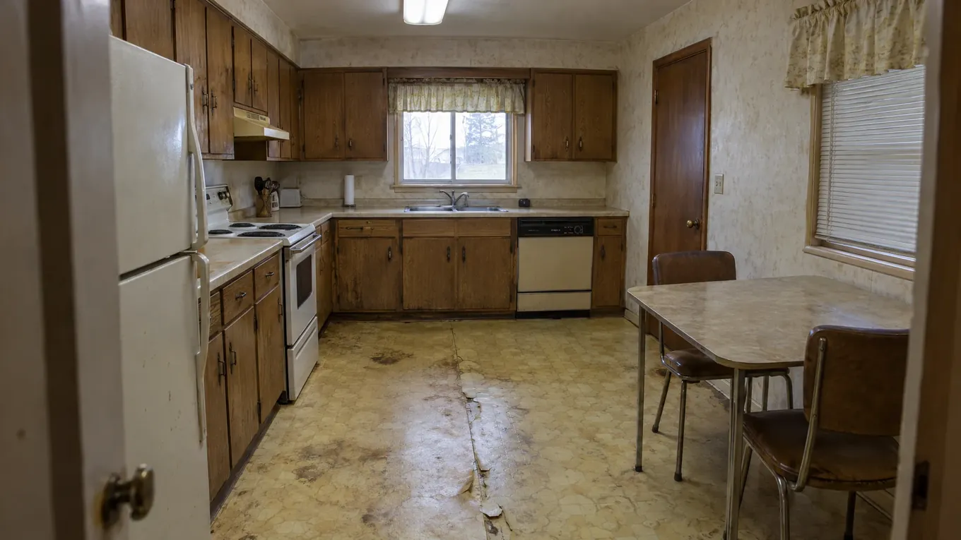 Worn Linoleum Kitchen Before | Music City Floor Old kitchen with worn yellow linoleum torn at the seam, wooden cabinets and a dining table before new flooring