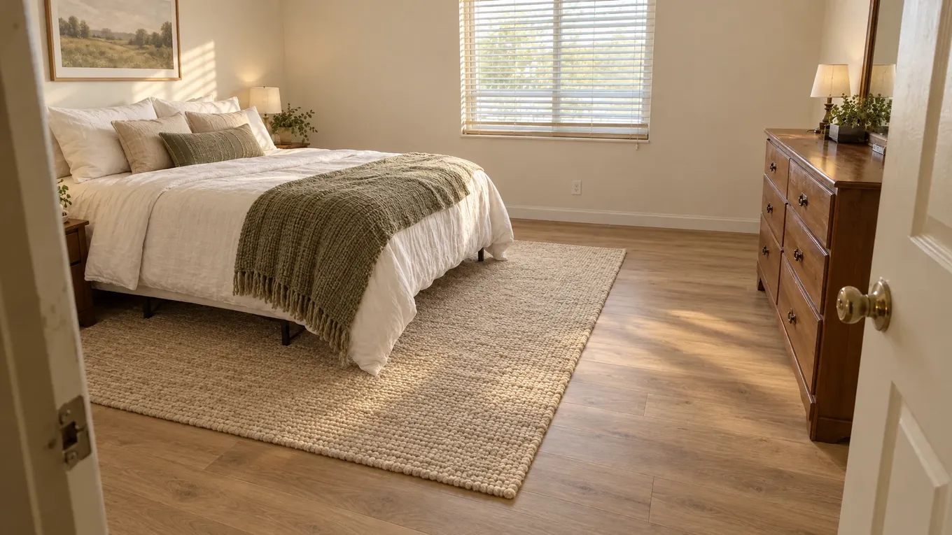 Wood-Look Bedroom After | Music City Floor The same bedroom after light brown wood flooring was installed, with a beige woven rug, a bed and a dresser