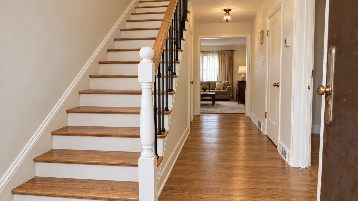 Hardwood Entry and Stairs After | Music City Floor The same entryway after medium brown hardwood flooring and a wooden staircase, with an open doorway to a living room