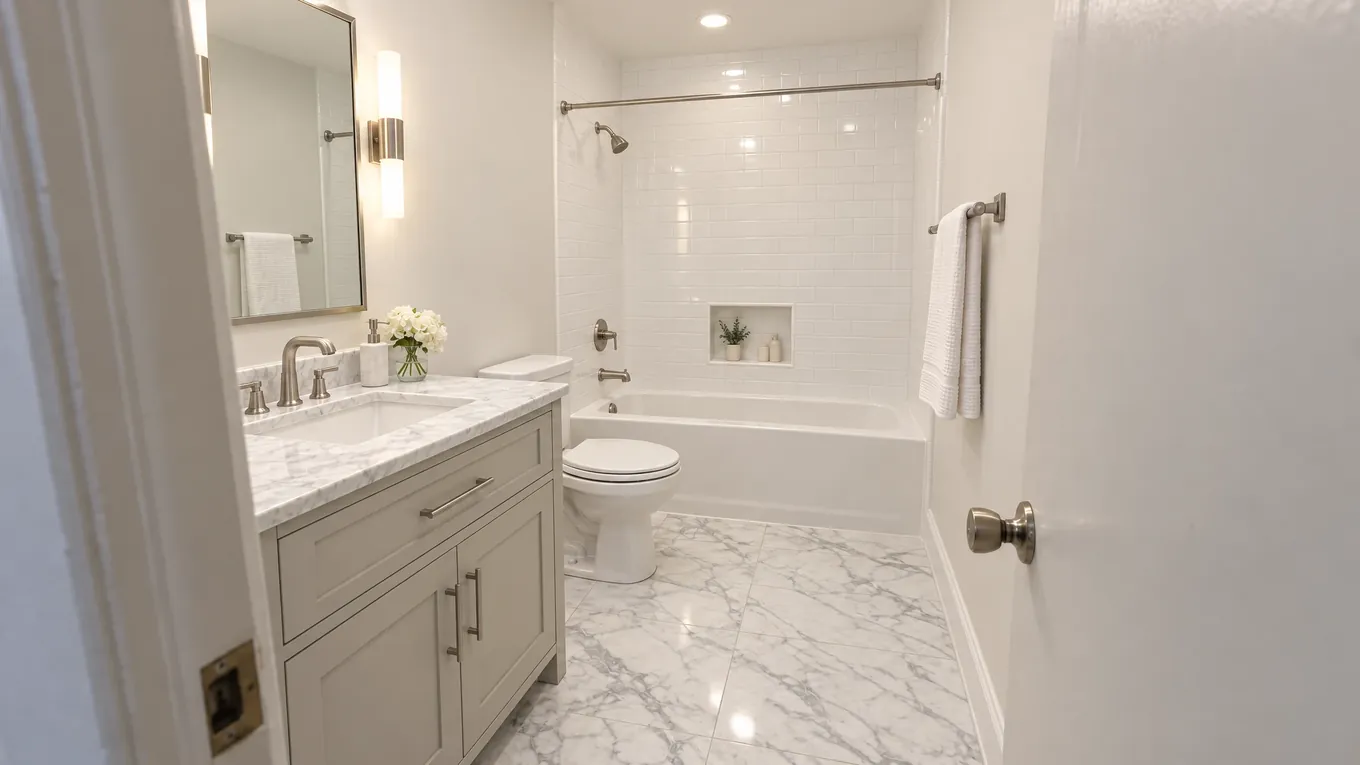 Marble Tile Bathroom After | Music City Floor The same bathroom after white marble tile flooring, a gray vanity with a marble countertop and wall sconces