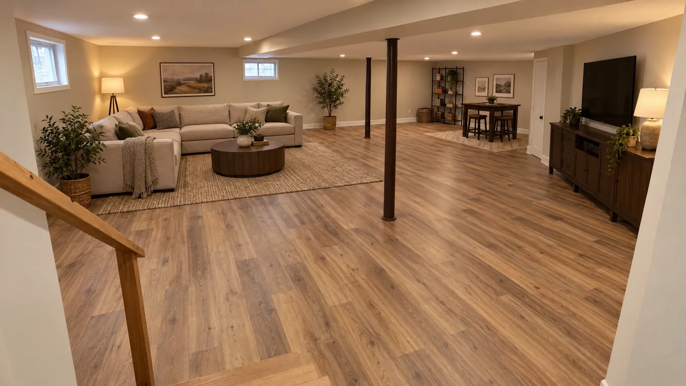 Finished Basement Plank Floor After | Music City Floor The same basement finished with brown wood-look plank flooring, recessed lights, a large sectional sofa and a television