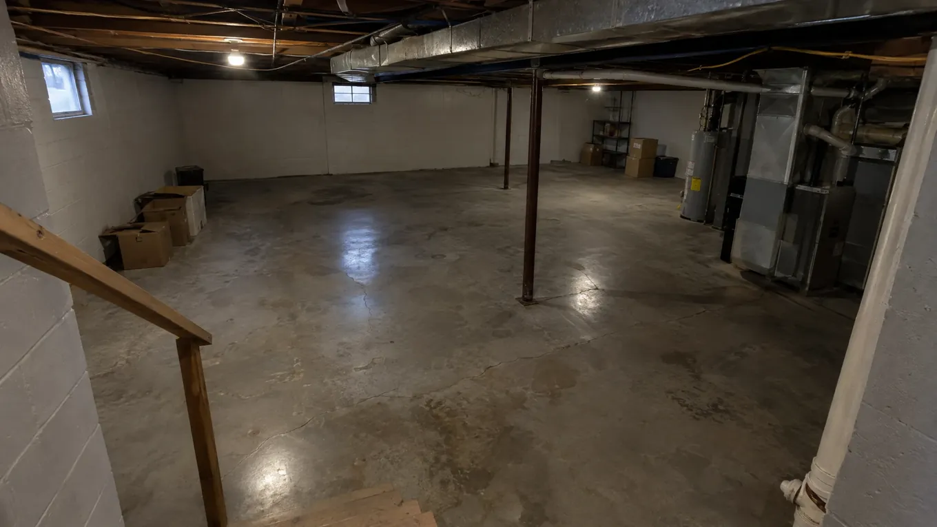 Bare Concrete Basement Before | Music City Floor Open basement with bare cracked gray concrete flooring, support poles, stacked boxes and mechanical units