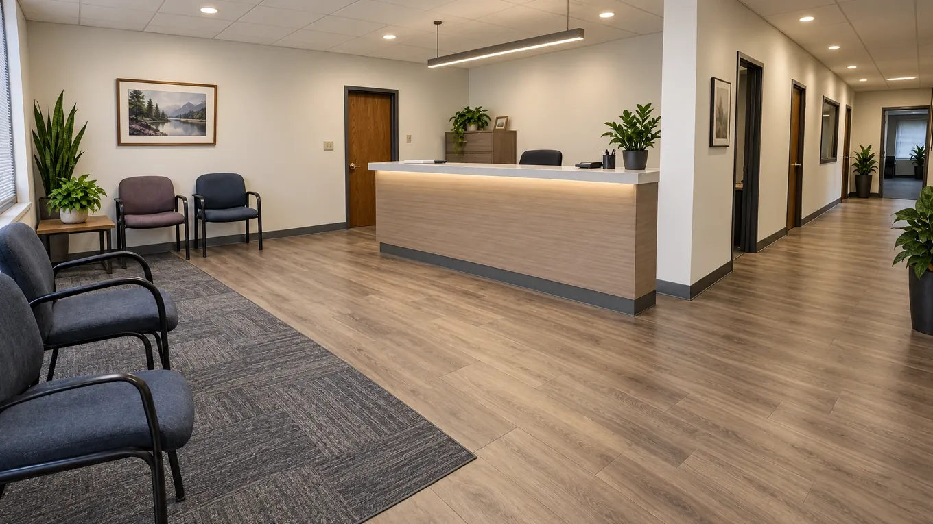 Commercial Reception Floor After | Music City Floor The same reception area with light brown wood-look flooring and gray carpet tiles, upholstered chairs and a wooden counter