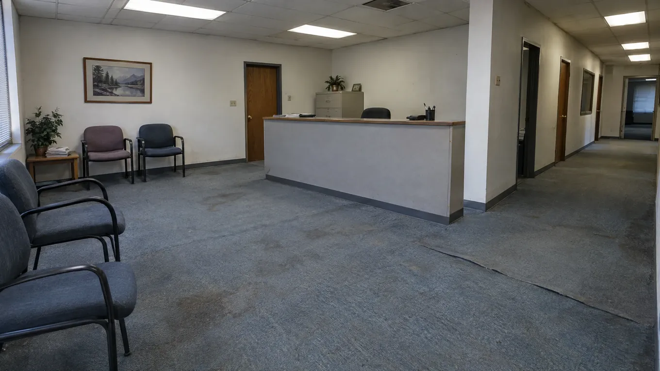 Stained Carpet Reception Before | Music City Floor Office reception area with stained blue-gray carpet, a gray front counter and waiting chairs
