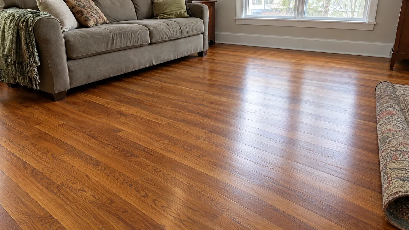 Refinished Hardwood After | Music City Floor The same living room after the hardwood was refinished to a warm, even brown, with a gray sofa and a rolled-up rug