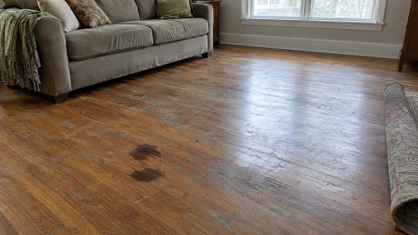 Scratched Water-Stained Hardwood Before | Music City Floor Living room with scratched brown hardwood flooring marked by dark water stains, a beige sofa and window light