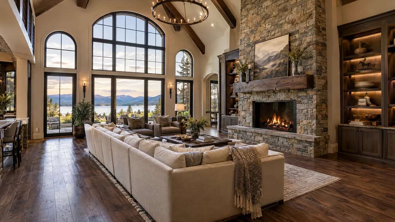 Estate great room with dark hardwood floors, a tall stone fireplace, a large sectional sofa and vaulted timber ceilings
