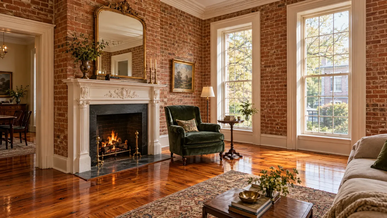 Living room with exposed brick walls, polished amber pine floors, an ornate white fireplace mantel and a green velvet armchair