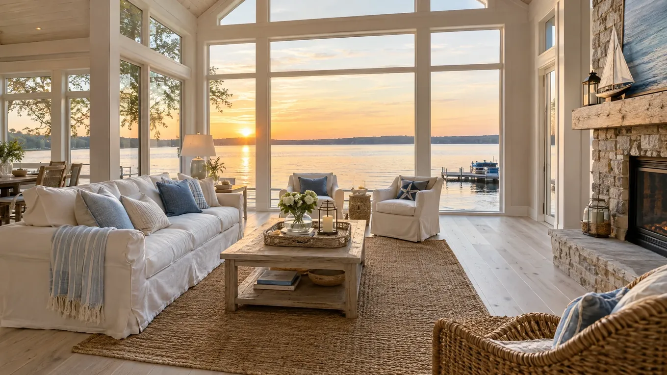 Lake house living room with light wood floors, white slipcovered sofas, a stone fireplace and windows showing a sunset over water