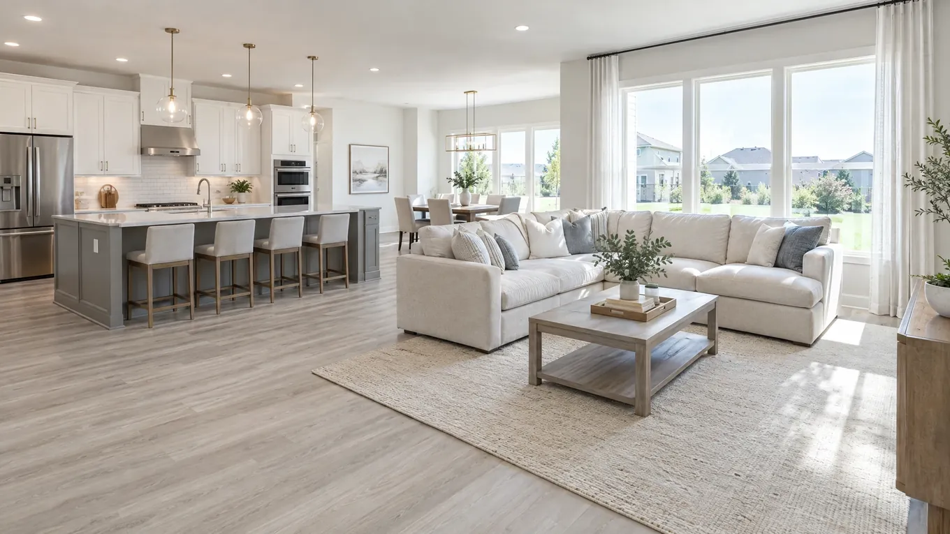 Suburban Open-Concept Home | Music City Floor Suburban open-concept living room and kitchen with light wood-tone flooring, a sectional sofa and a kitchen island