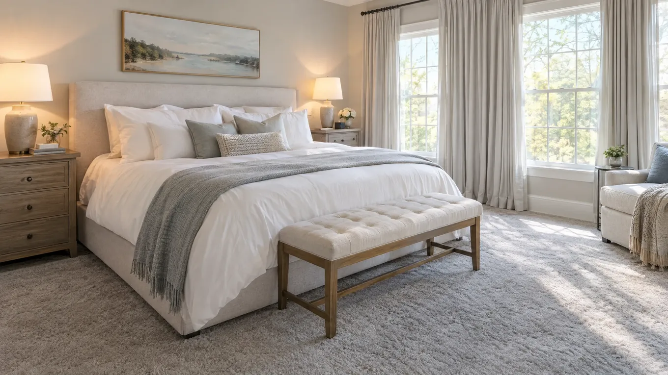 Plush Carpet Bedroom | Music City Floor Bedroom with plush light gray wall-to-wall carpet, an upholstered bed, a tufted bench and wooden nightstands