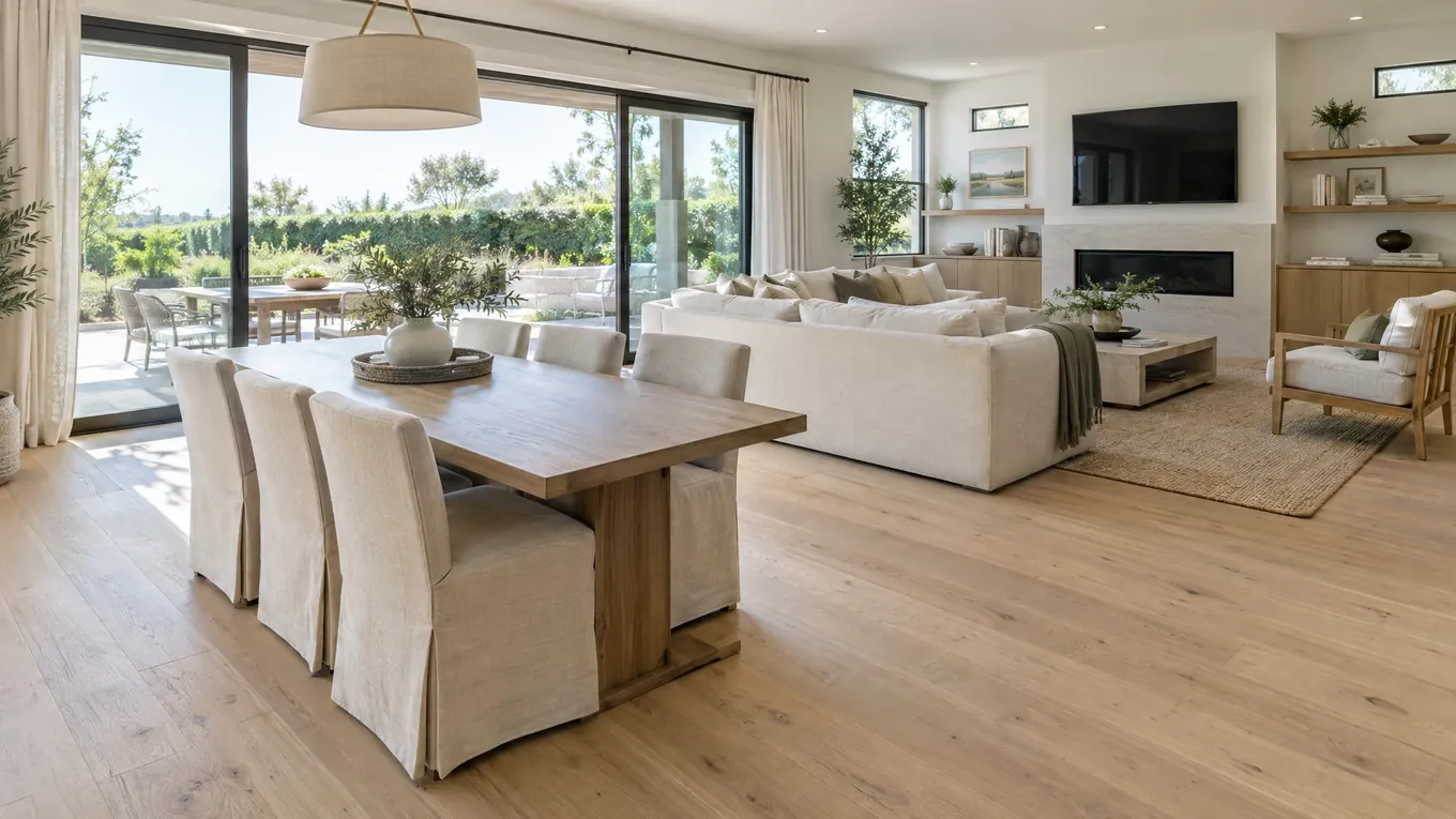 Engineered Hardwood Open Plan | Music City Floor Open living and dining area with light beige engineered wood flooring, a timber dining table and slipcovered chairs