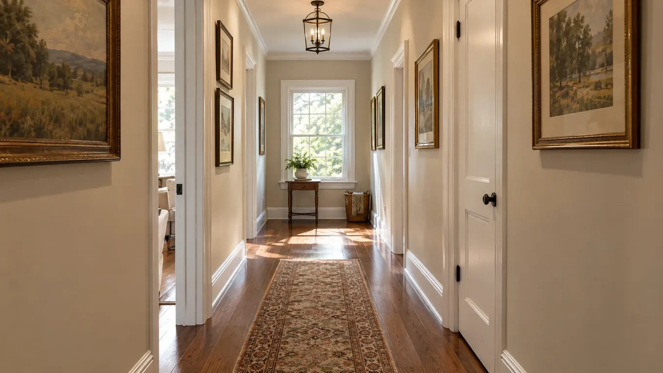 Hardwood Hallway | Music City Floor Straight hallway with medium brown hardwood flooring, a patterned runner, framed artwork, white trim and a hanging lantern