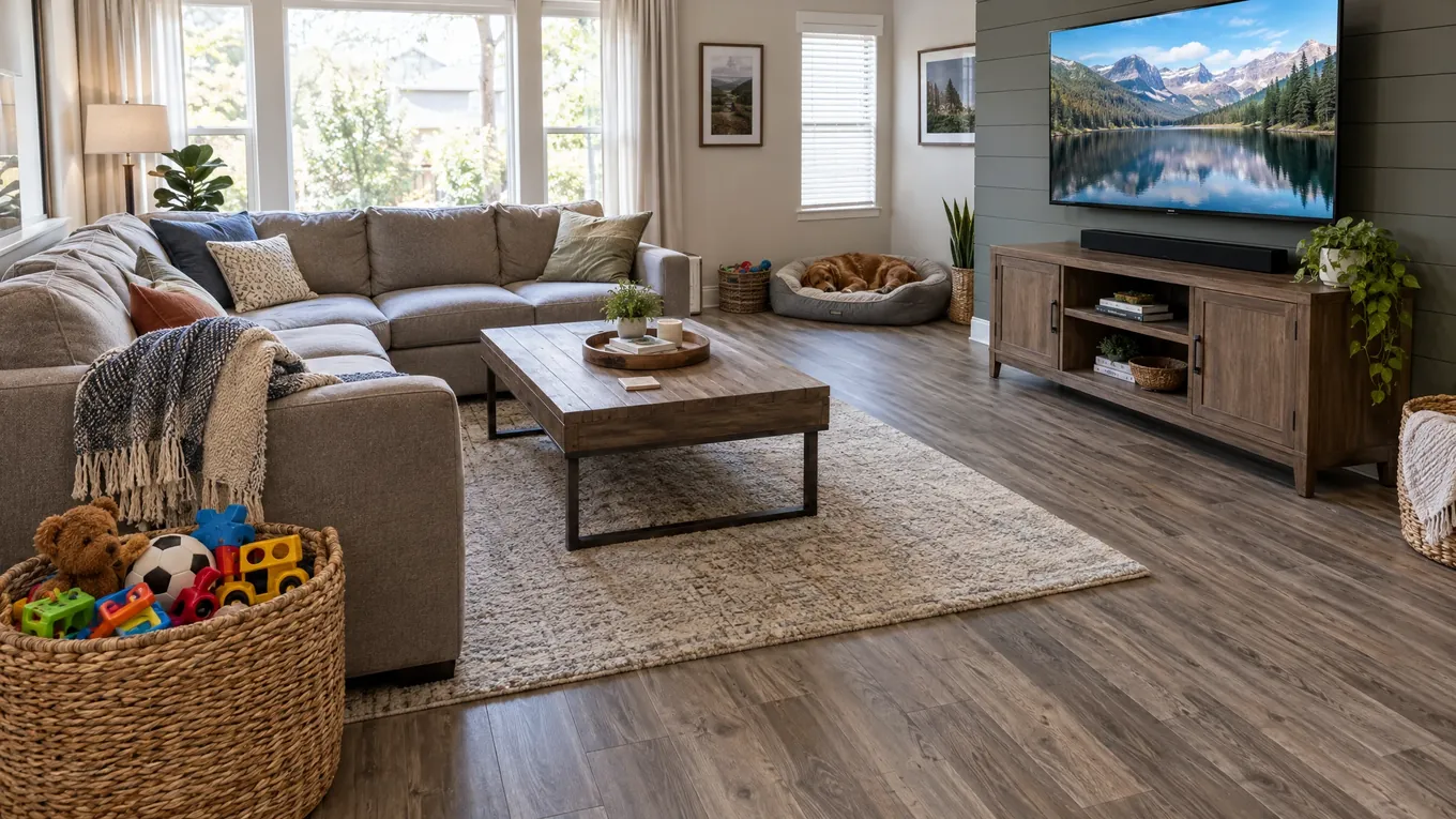 Laminate Family Room | Music City Floor Family room with gray-brown wood-look laminate flooring, a gray sectional sofa, a coffee table and a television