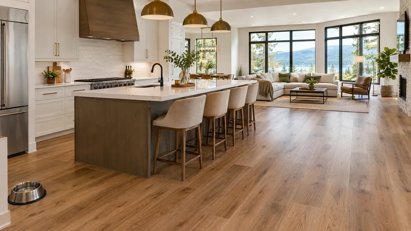 Luxury Vinyl Plank Kitchen | Music City Floor Open kitchen and living room with medium brown luxury vinyl plank flooring, a wooden island, barstools and brass pendant lights
