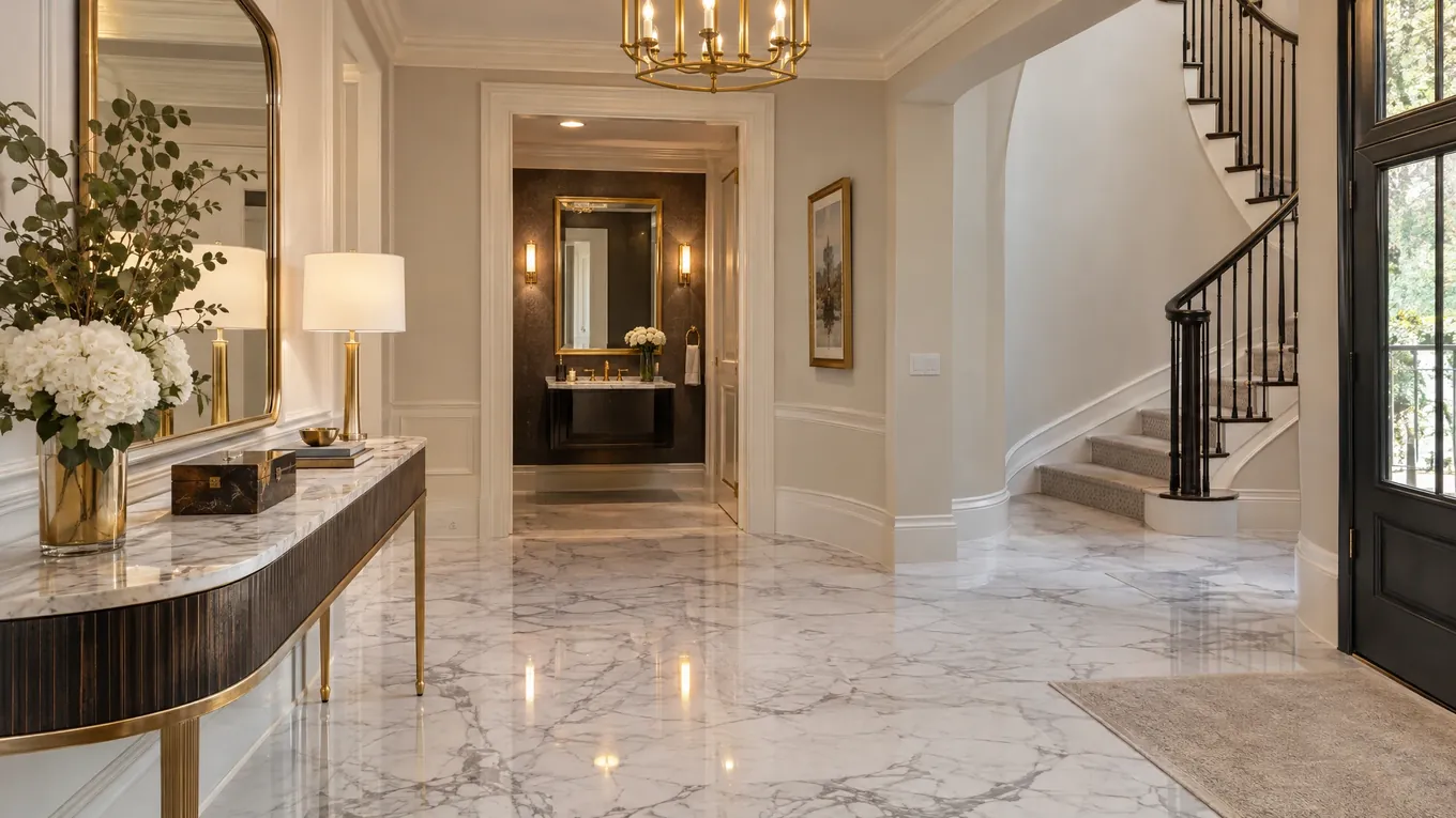Marble Entry Floor | Music City Floor Entryway with polished white marble tile with gray veining, a marble console table, a curved staircase and a gold chandelier