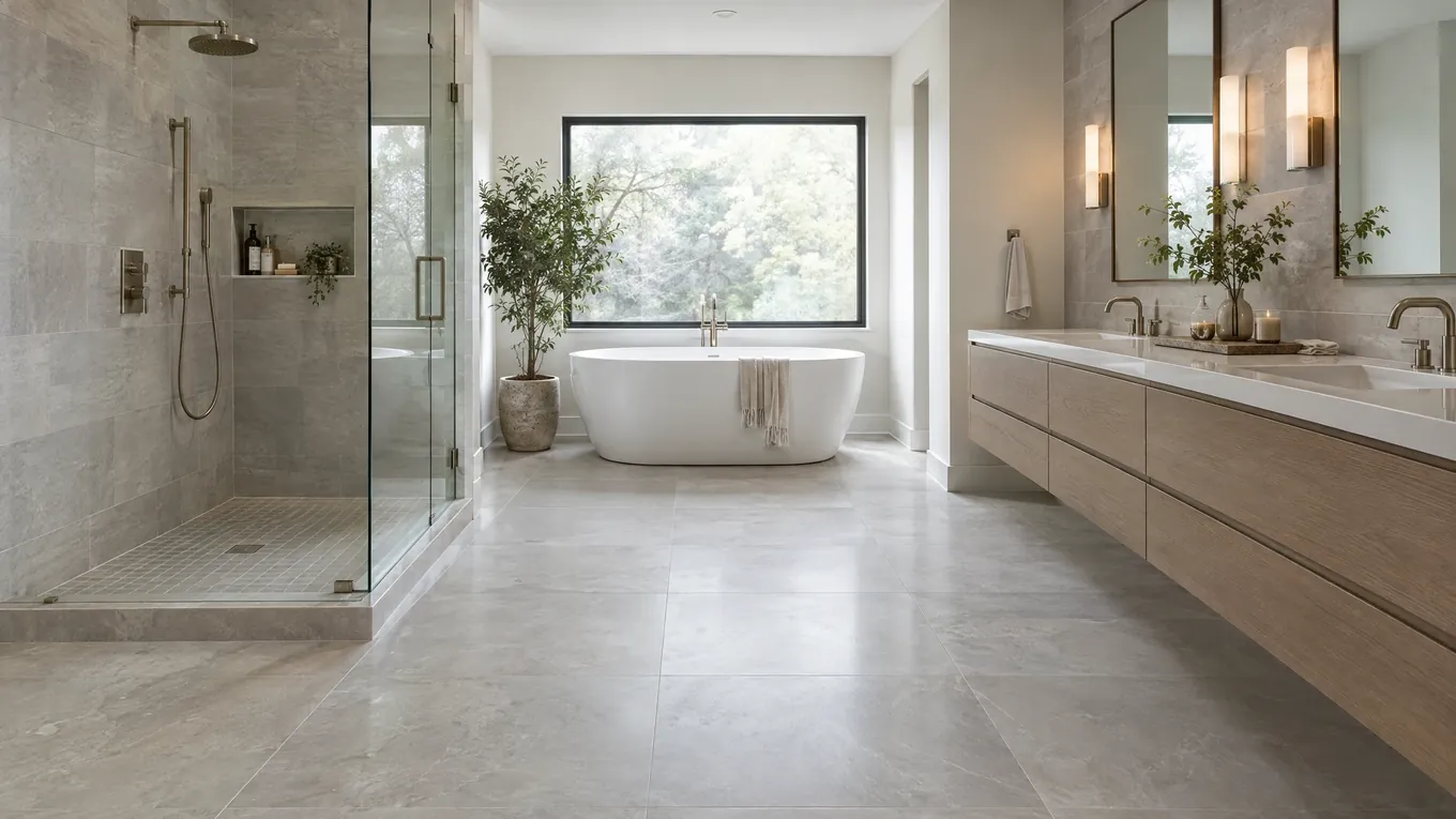 Porcelain Tile Bathroom Floor | Music City Floor Bathroom with large gray porcelain floor tile, a walk-in glass shower, a freestanding white tub and a floating wood vanity