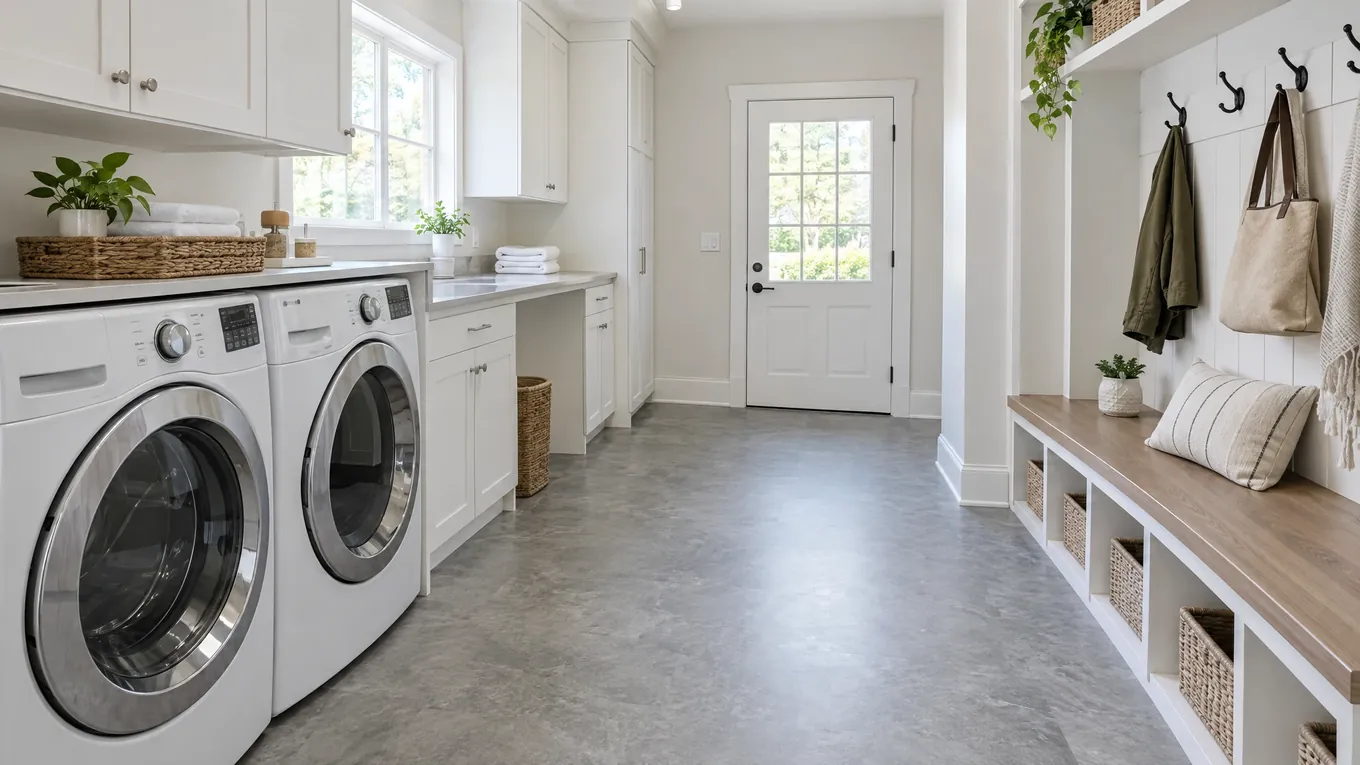 Vinyl Sheet Laundry Room | Music City Floor Laundry room with mottled gray vinyl sheet flooring, white front-load washer and dryer, white cabinets and a built-in bench