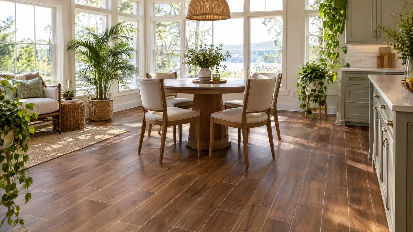 Wood-Look Tile Dining Area | Music City Floor Sunlit dining area with brown wood-look ceramic tile flooring, a round wooden pedestal table and four chairs