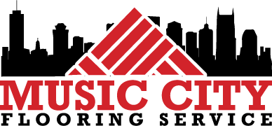 Music City Floor flooring contractor Music City Flooring Service logo with a black Nashville skyline behind a red and white parquet gable emblem, the words Music City in red and Flooring Service in black