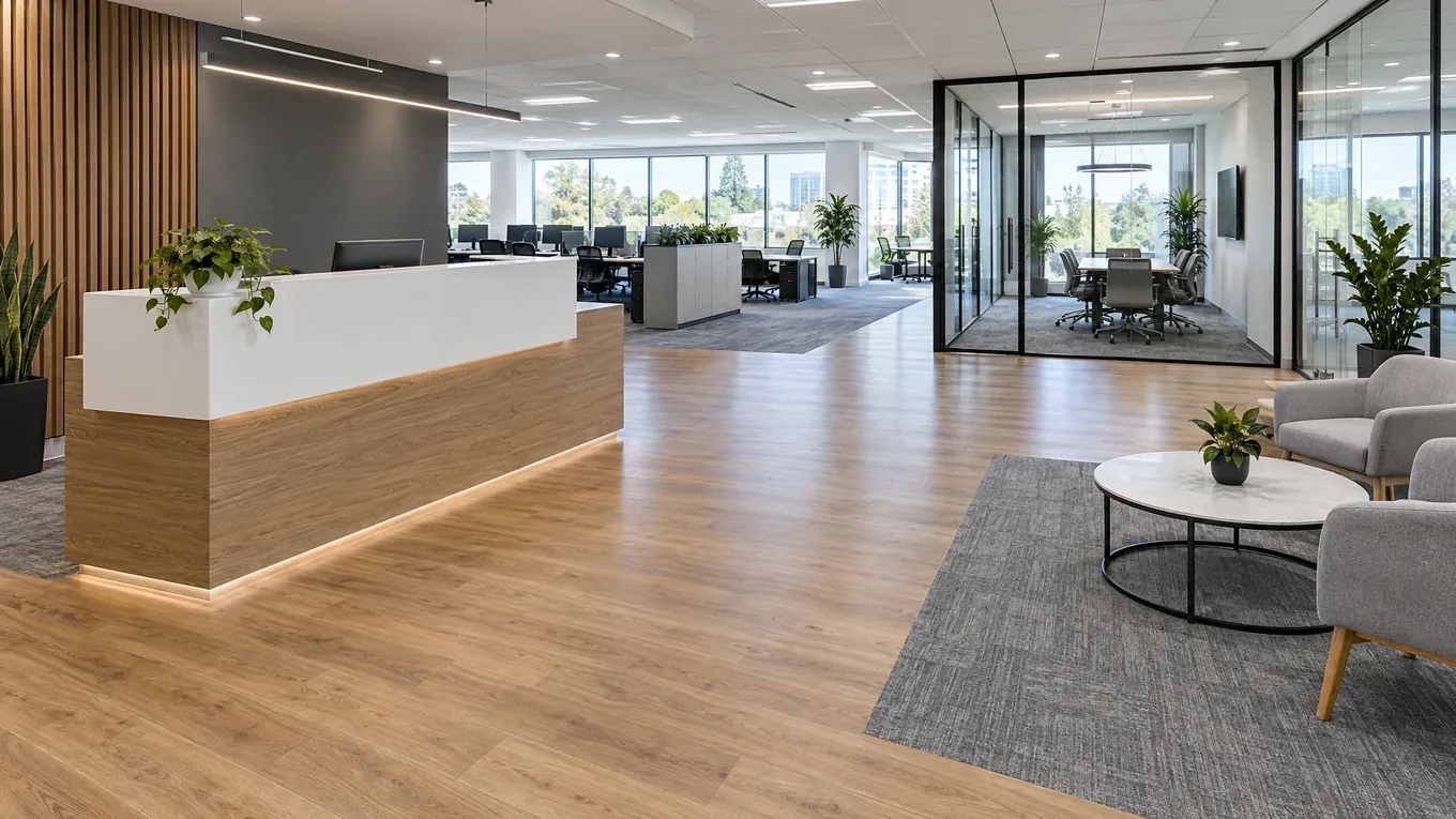 Commercial Lobby Flooring | Music City Floor Corporate office lobby with light oak laminate flooring, a modern reception desk, gray armchairs and glass conference rooms