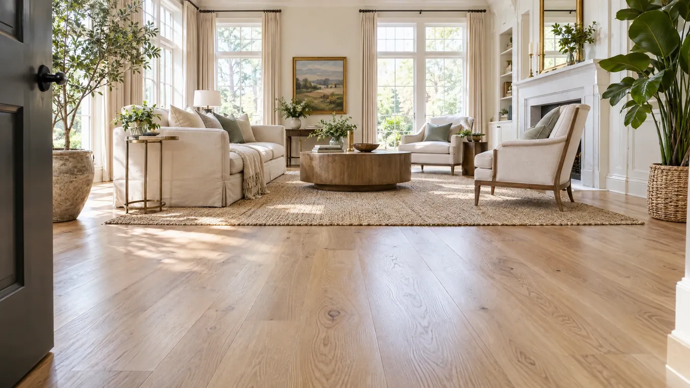 Bright Oak Living Room | Music City Floor Bright living room with light oak hardwood flooring, an off-white sofa, armchairs, a round wood table and a large window