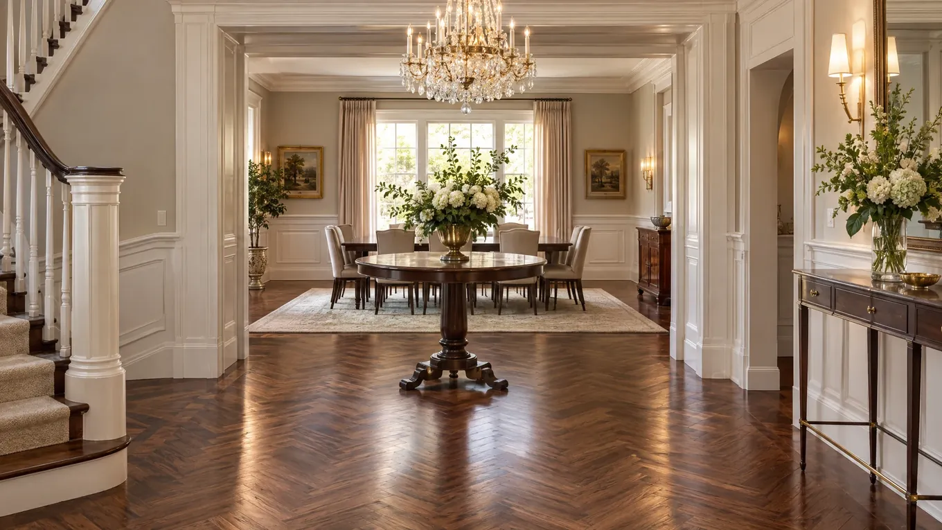 Herringbone Entry Floor | Music City Floor Formal entryway with dark brown herringbone wood flooring, a crystal chandelier, a round pedestal table and a dining room beyond
