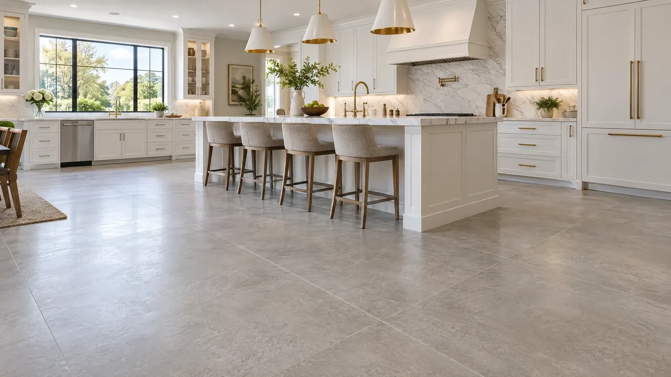 Gray Tile Kitchen Floor | Music City Floor Open kitchen with light gray tile flooring, a white marble island with four barstools and pendant lights