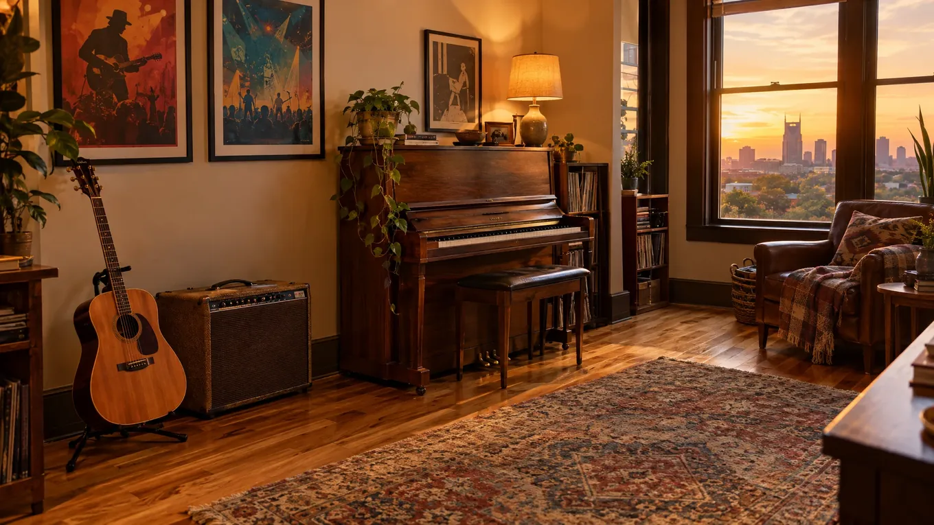 Music Room Hardwood Floor | Music City Floor Music room with glossy amber hardwood flooring, an upright piano, an acoustic guitar, a patterned rug and a glowing table lamp