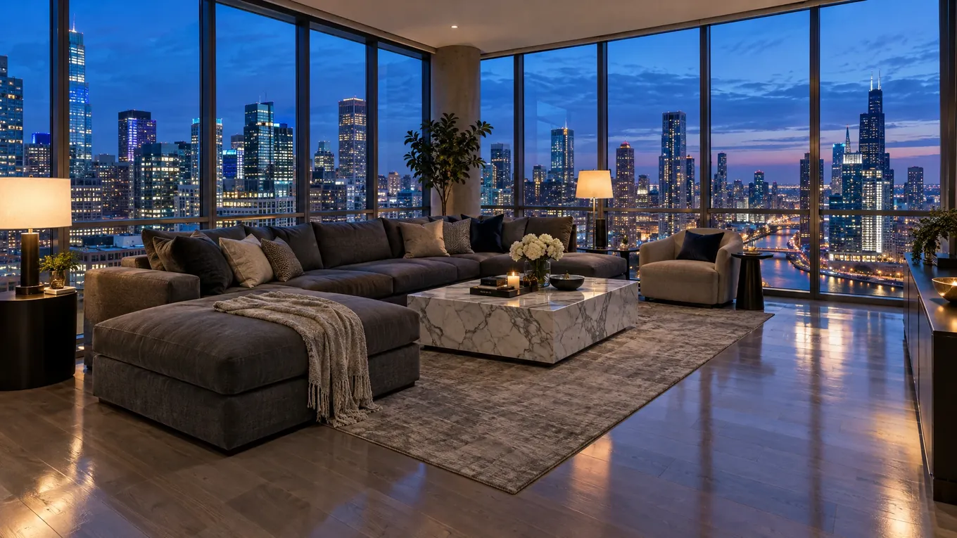 High-rise living room with dark gray hardwood floors, a charcoal sectional sofa, a marble table and city night views