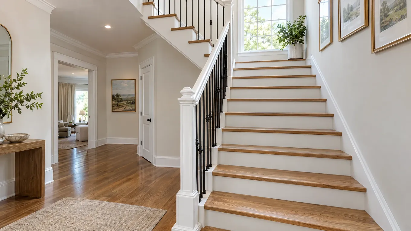 Oak Foyer and Staircase | Music City Floor Residential foyer with medium oak hardwood flooring and an open staircase with matching wood treads and white risers