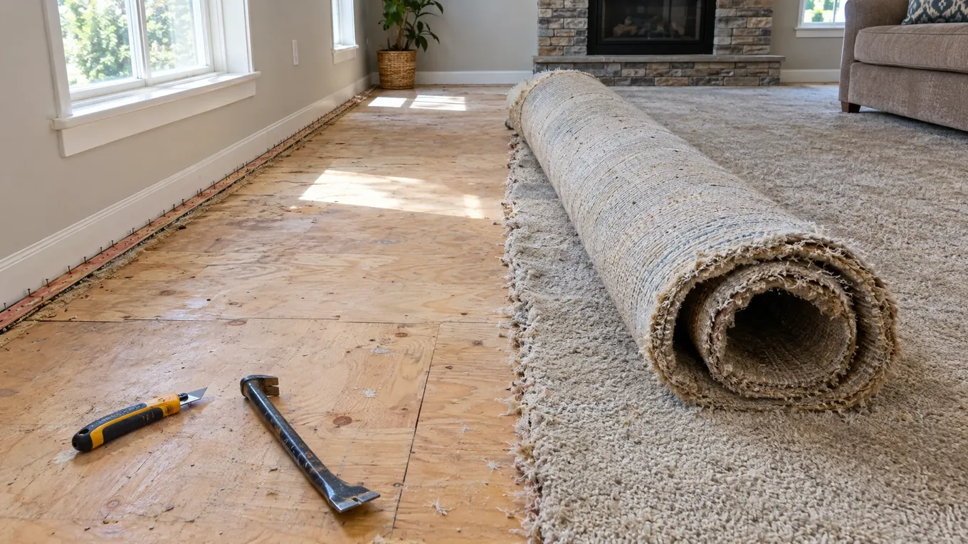 Living room where beige carpet is rolled back to show the plywood subfloor, with a utility knife and pry bar nearby