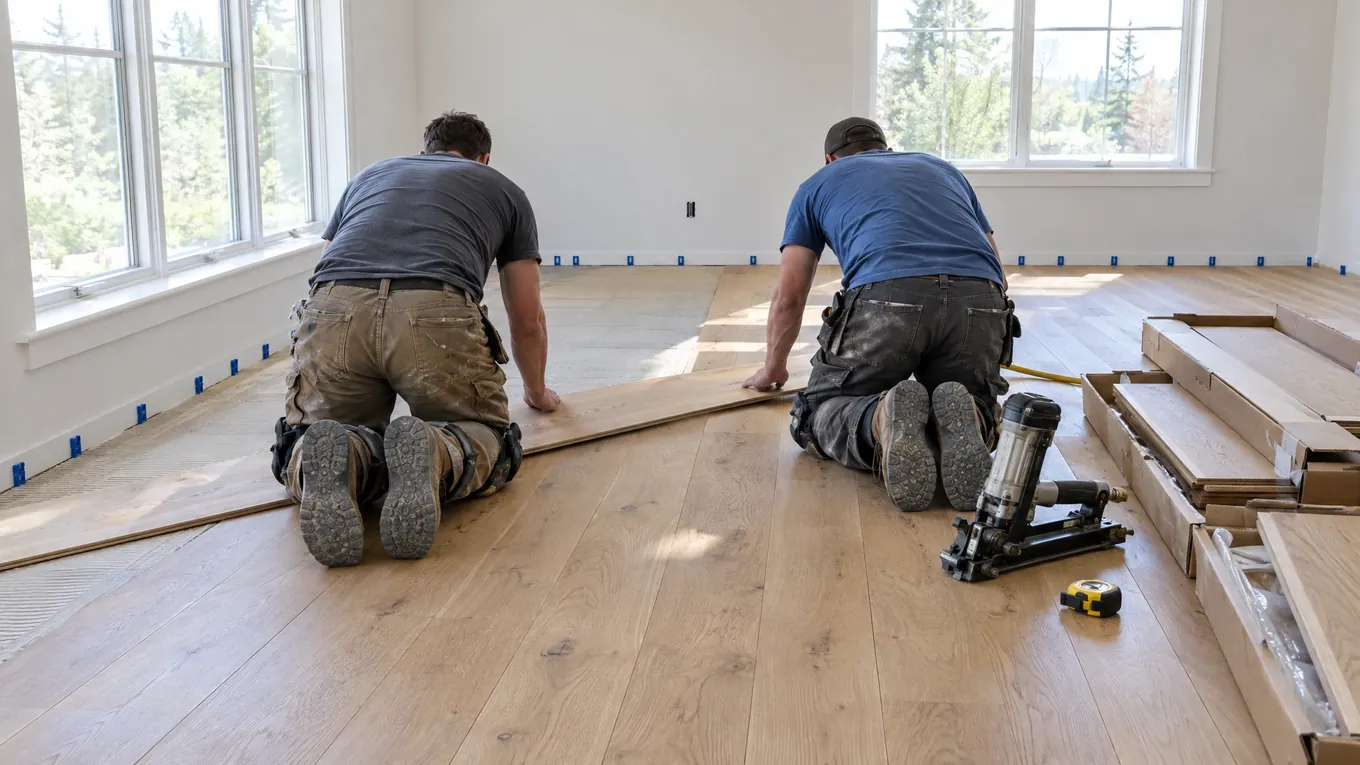 Two installers in an empty white room laying light oak wood planks across the floor with hand tools and a nailer