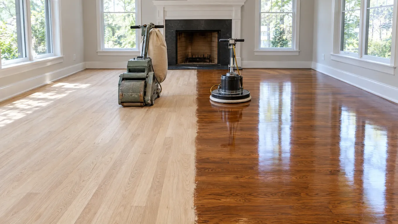 Living room floor showing unfinished pale oak beside glossy dark amber wood, with sanding machines on each side