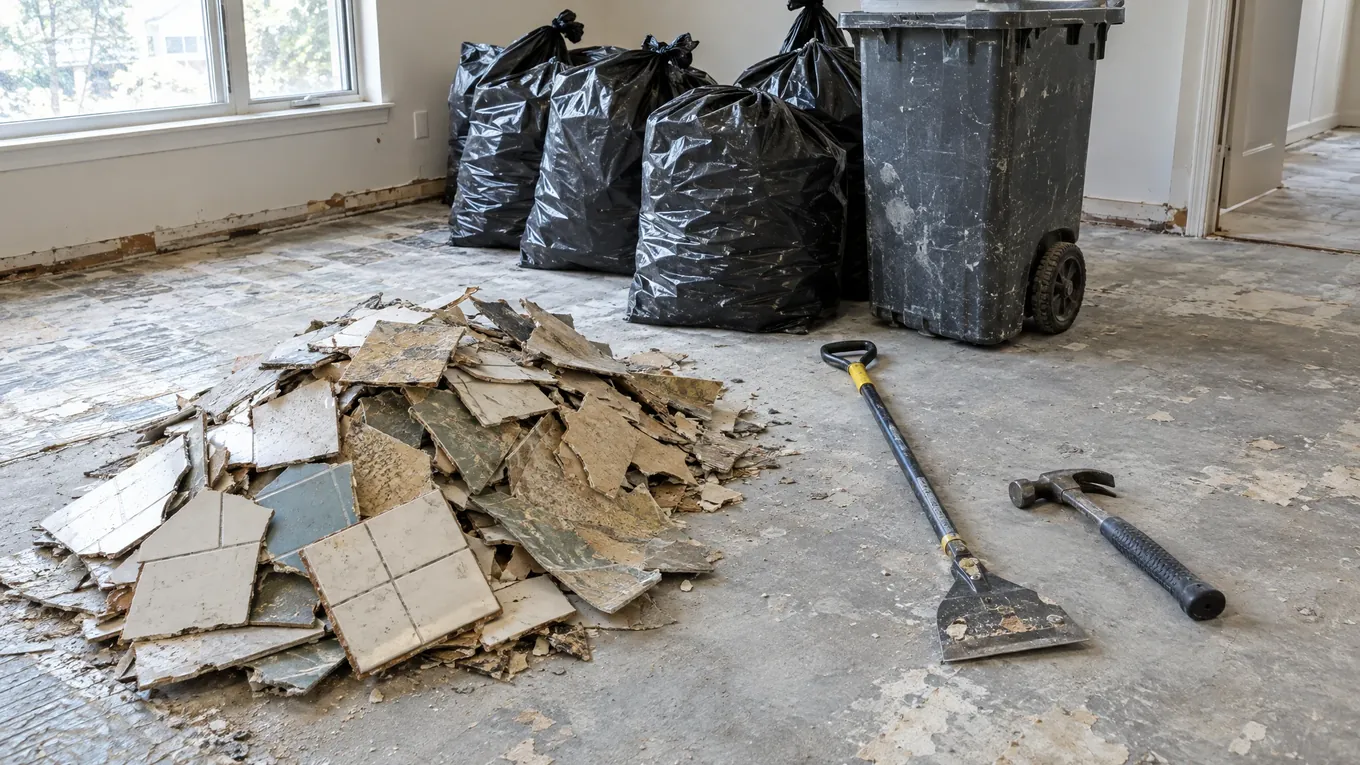 Concrete subfloor covered in broken tiles, scrapers and black garbage bags during demolition in a bright room