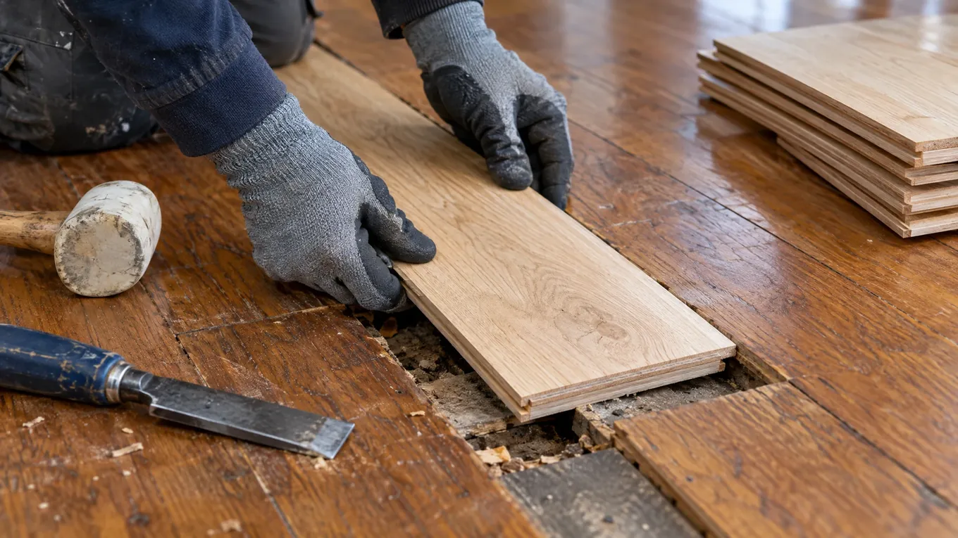 Worker in protective gloves replacing a damaged board on an aged brown hardwood floor with a mallet and chisel