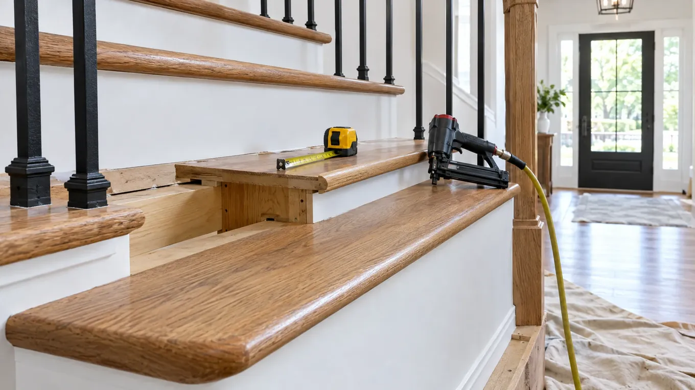 Staircase under construction with light brown oak treads, white risers, black metal balusters and a tape measure