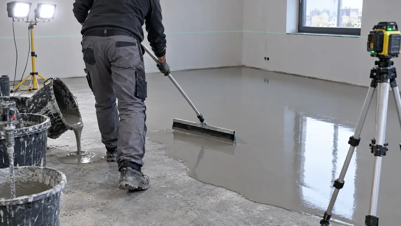 Worker spreading liquid gray leveling compound across a concrete subfloor with a squeegee and a laser level