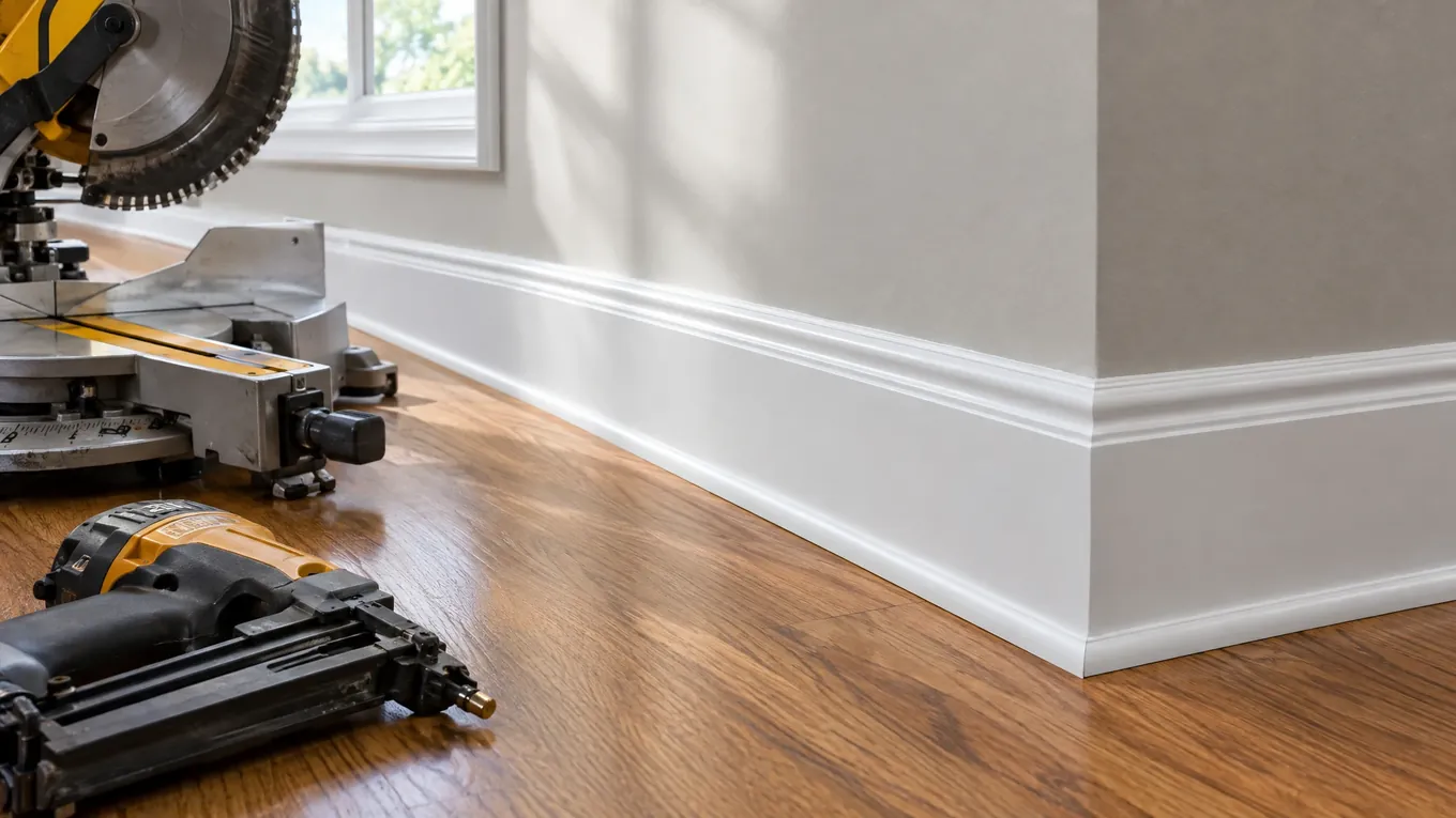 White baseboard trim along a brown wood floor with a yellow miter saw and nail gun in window light