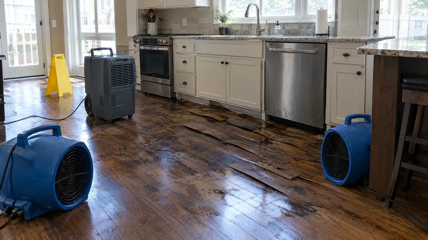 Flooded kitchen with warped brown wood planks, white cabinets, blue air movers and a dehumidifier