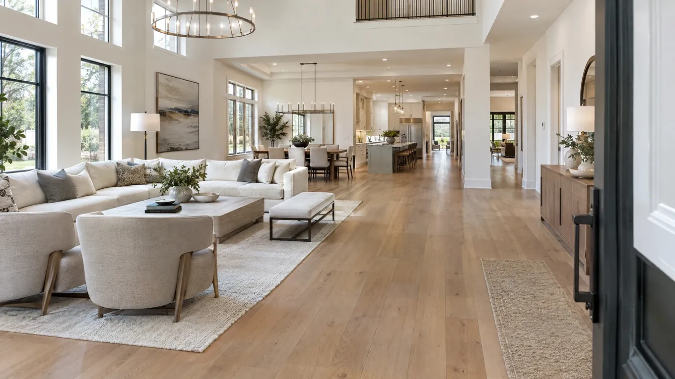 Whole-Home Plank Flooring | Music City Floor Expansive open-concept living area with light wood plank flooring, cream sofas, dining furniture and chandelier lighting